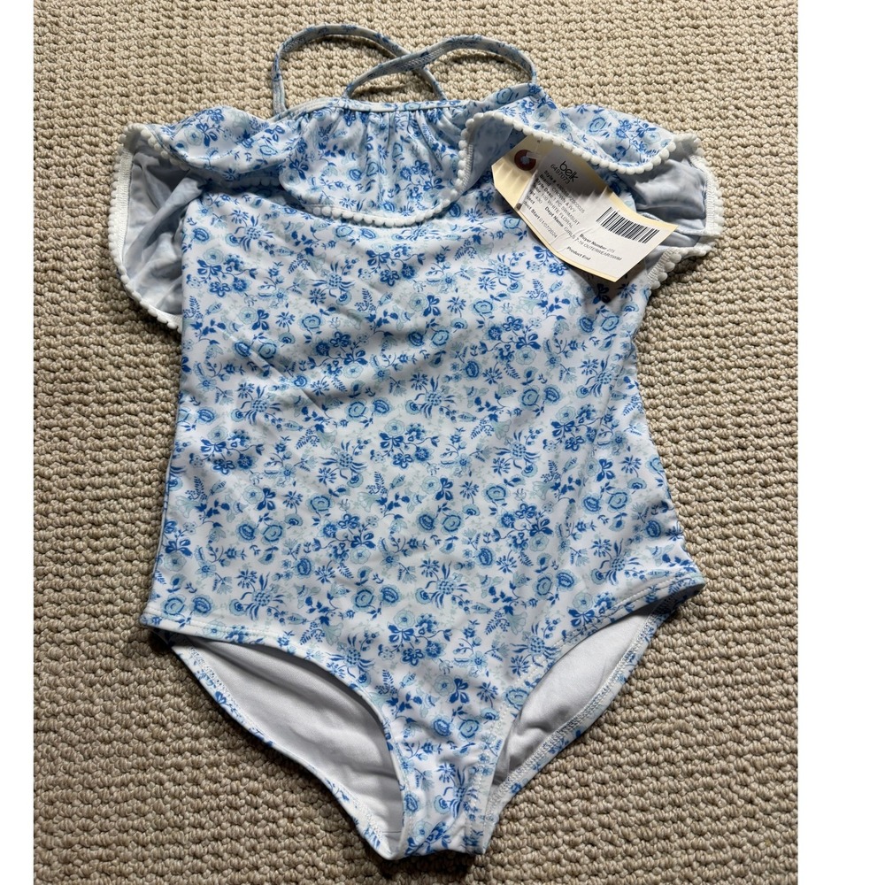 Crown & Ivy Kids One Piece Swimsuit Girls Medium Blue Floral Swiss Dot Beachwear